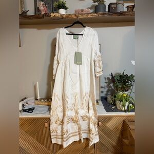 NWT 100% Greek Linen Midi Dress with Gold Embroidery